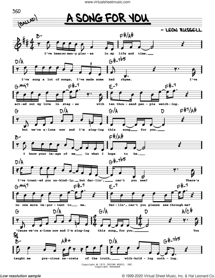 A Song For You (High Voice) sheet music for voice and other instruments (high voice) by Leon Russell, Carpenters and Whitney Houston, intermediate skill level
