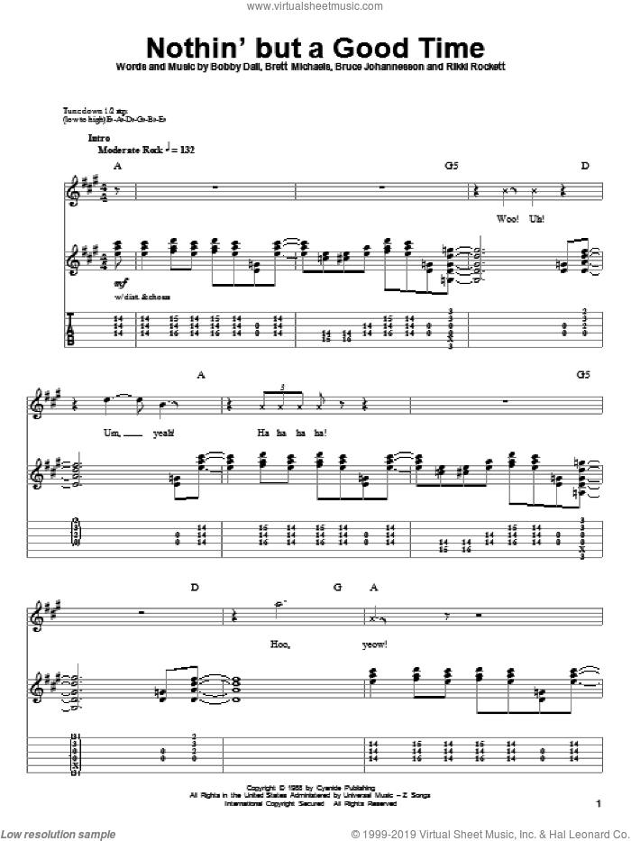 Nothin' But A Good Time sheet music for guitar (tablature, play-along) by Poison, Bobby Dall, Brett Michaels, Bruce Johannesson and Rikki Rockett, intermediate skill level