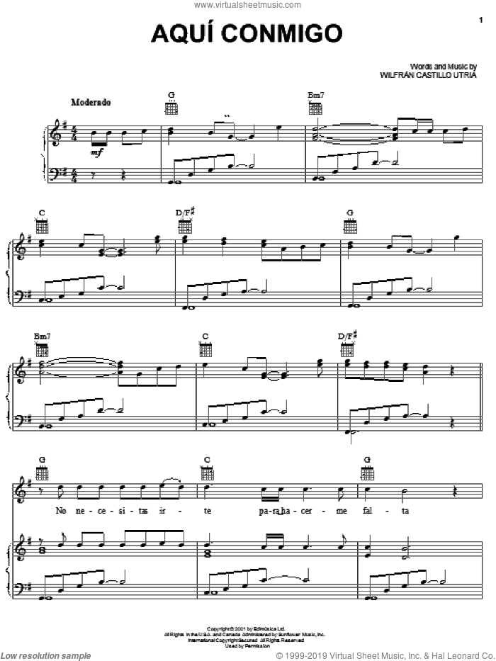 Aqui Conmigo sheet music for voice, piano or guitar by Wilfran Castillo Utria, intermediate skill level