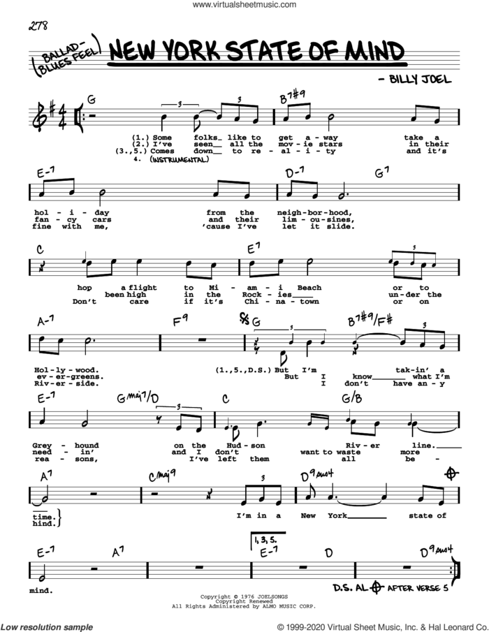 New York State Of Mind (High Voice) sheet music for voice and other instruments (high voice) by Billy Joel, intermediate skill level