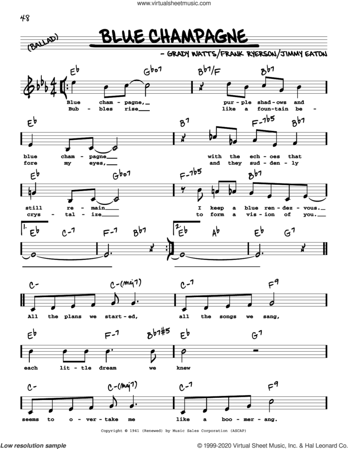 Blue Champagne (High Voice) sheet music for voice and other instruments (real book with lyrics) by Jimmy Eaton, Frank Ryerson and Grady Watts, intermediate skill level