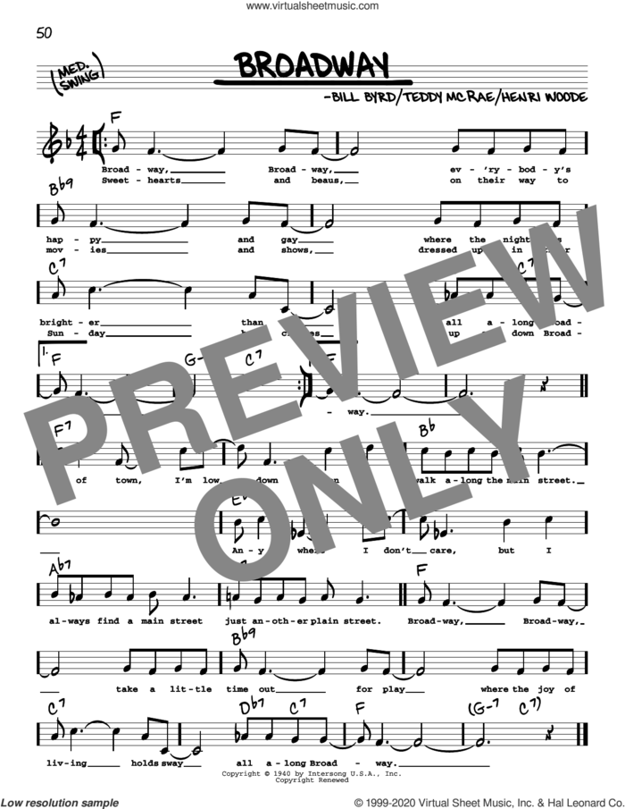 Broadway (High Voice) sheet music for voice and other instruments (real book with lyrics) by Count Basie, Billy Byrd, Henri Woode and Teddy McRae, intermediate skill level