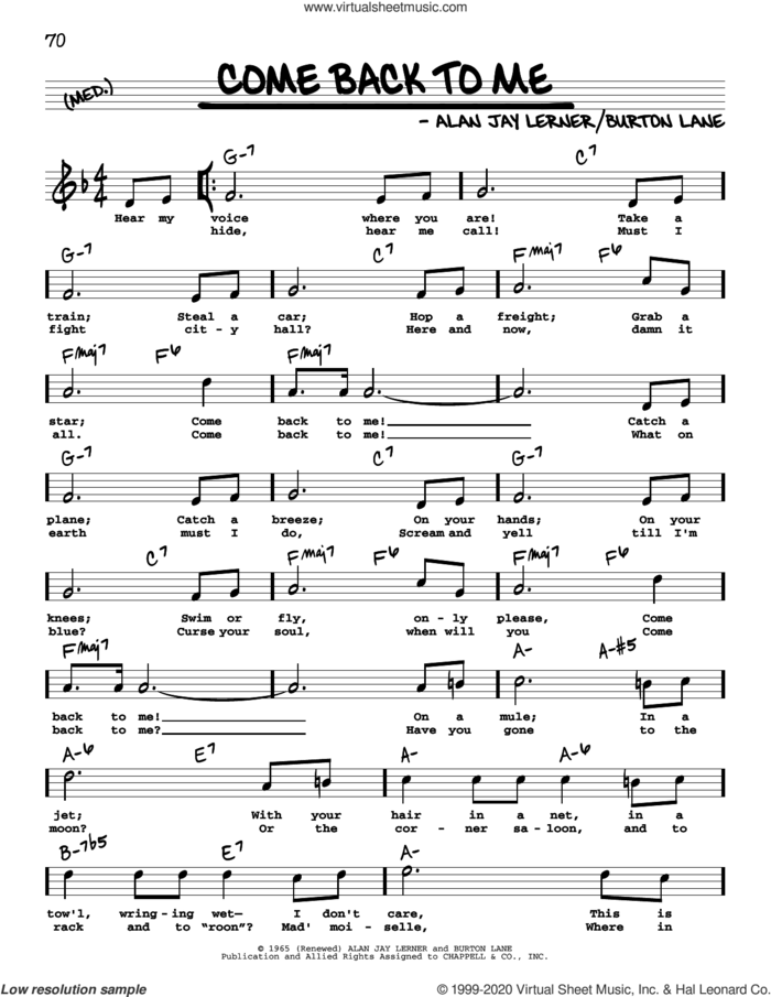 Come Back To Me (High Voice) sheet music for voice and other instruments (real book with lyrics) by Alan Jay Lerner, Shirley Horn and Burton Lane, intermediate skill level
