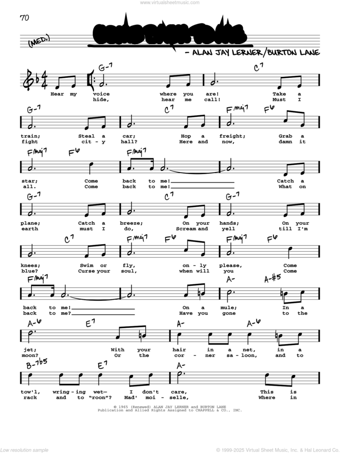 Come Back To Me (High Voice) sheet music for voice and other instruments (real book with lyrics) by Alan Jay Lerner, Shirley Horn and Burton Lane, intermediate skill level