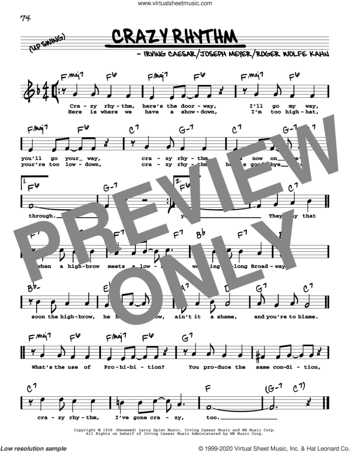 Crazy Rhythm (High Voice) sheet music for voice and other instruments (real book with lyrics) by Irving Caesar, Ben Bernie, Joseph Meyer and Roger Wolfe Kahn, intermediate skill level
