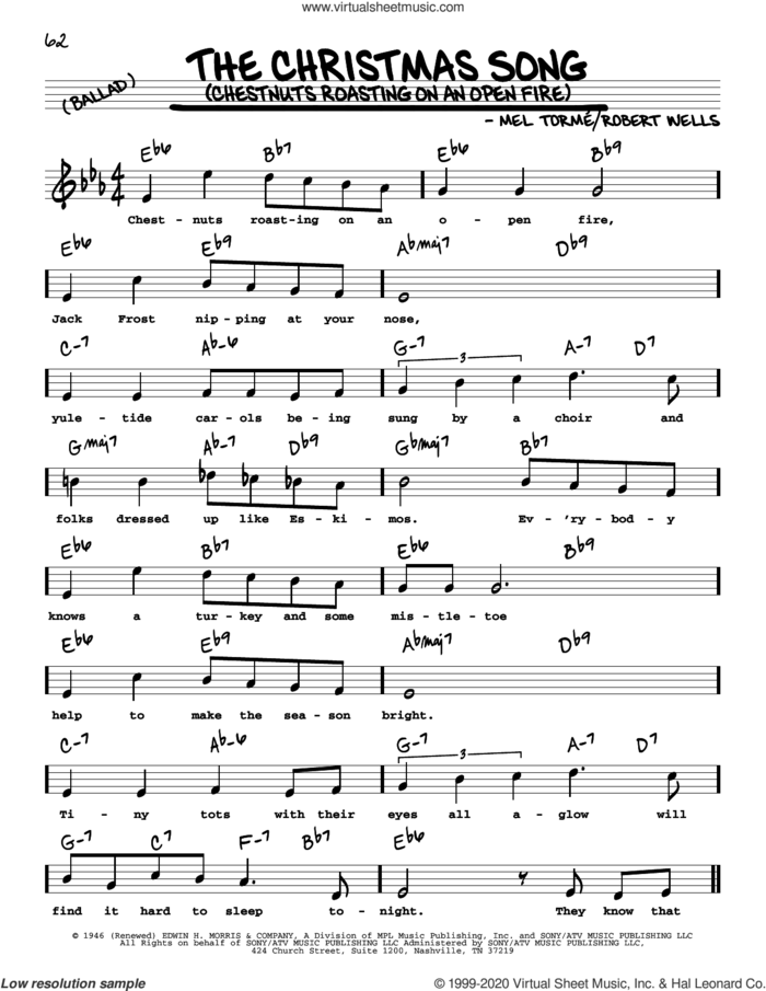 The Christmas Song (Chestnuts Roasting On An Open Fire) (High Voice) sheet music for voice and other instruments (real book with lyrics) by Mel Torme, King Cole Trio and Robert Wells, intermediate skill level