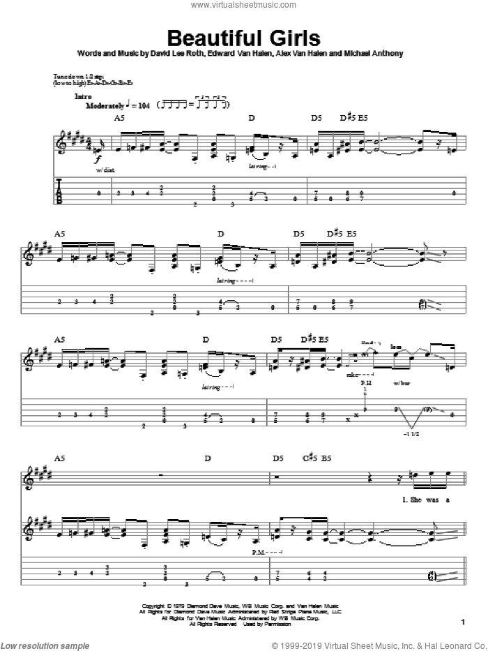 Beautiful Girls sheet music for guitar (tablature, play-along) by Edward Van Halen, Alex Van Halen, David Lee Roth and Michael Anthony, intermediate skill level