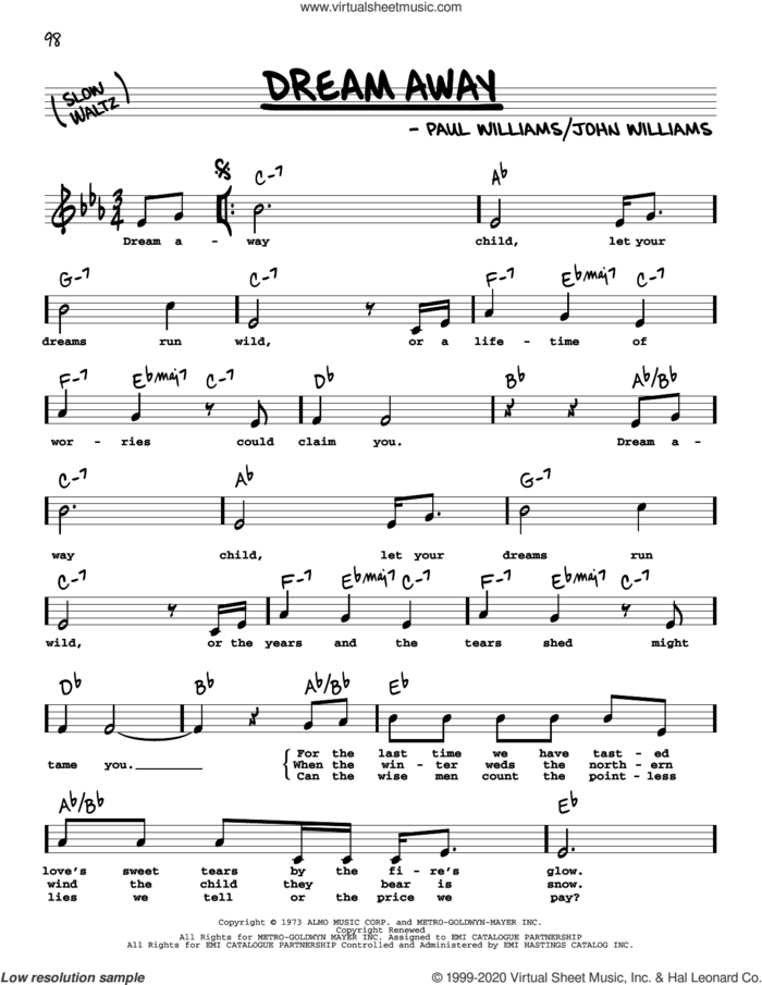 Dream Away (High Voice) sheet music for voice and other instruments (real book with lyrics) by John Williams and Paul Williams, intermediate skill level