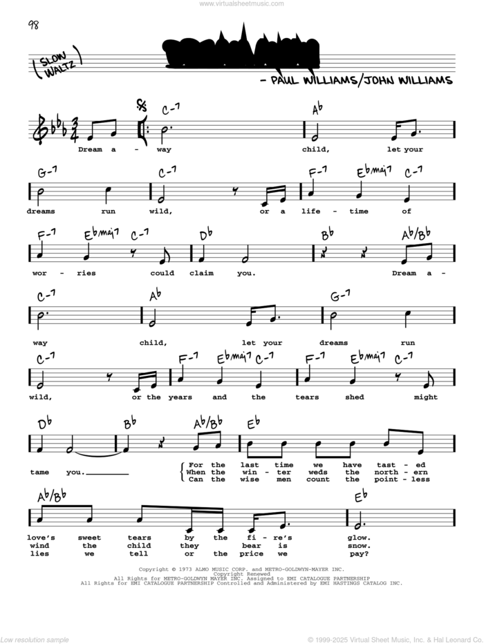 Dream Away (High Voice) sheet music for voice and other instruments (real book with lyrics) by John Williams and Paul Williams, intermediate skill level