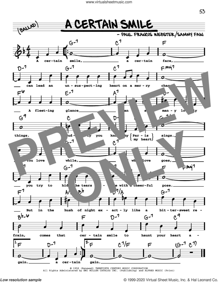 A Certain Smile (High Voice) sheet music for voice and other instruments (real book with lyrics) by Johnny Mathis, Paul Francis Webster and Sammy Fain, intermediate skill level