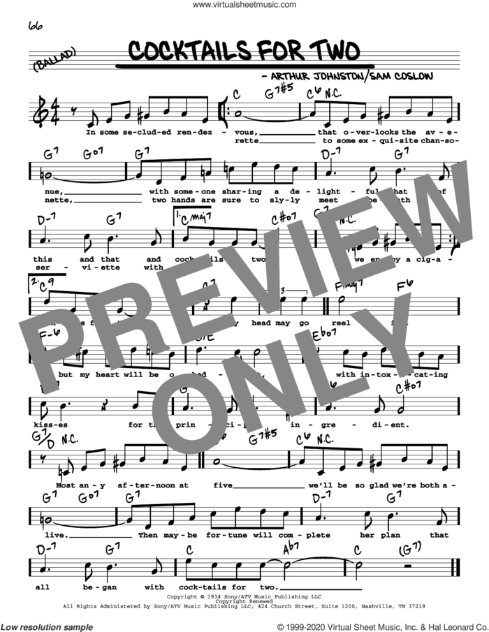 Cocktails For Two (High Voice) sheet music for voice and other instruments (real book with lyrics) by Arthur Johnston, Carl Brisson, Miriam Hopkins and Sam Coslow, intermediate skill level