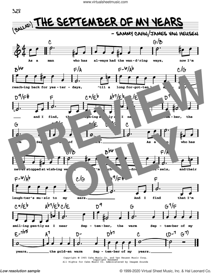 The September Of My Years (High Voice) sheet music for voice and other instruments (real book with lyrics) by Frank Sinatra, Jimmy van Heusen and Sammy Cahn, intermediate skill level