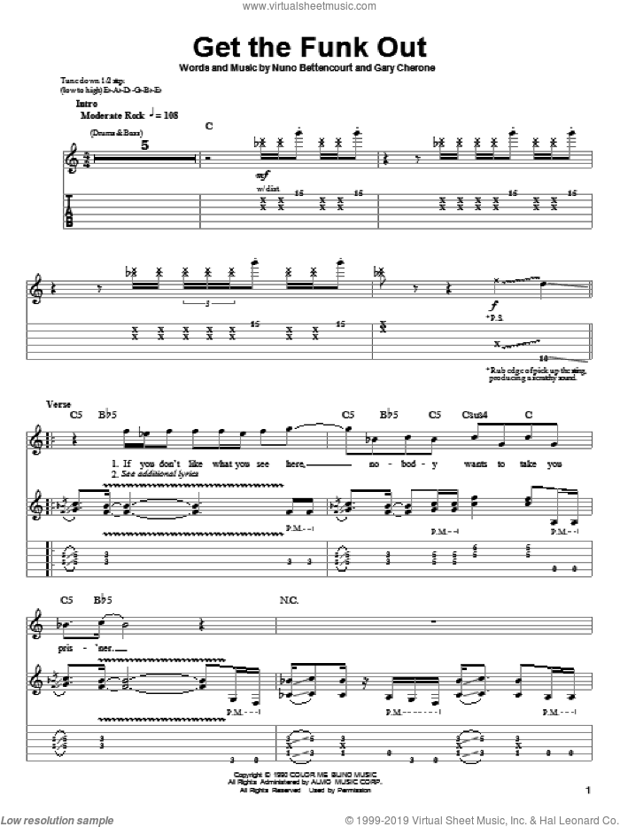 Get The Funk Out sheet music for guitar (tablature, play-along) by Extreme, Gary Cherone and Nuno Bettencourt, intermediate skill level