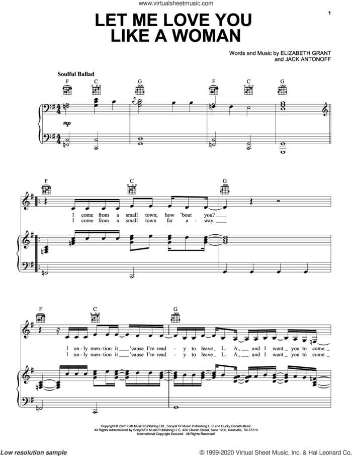 Let Me Love You Like A Woman sheet music for voice, piano or guitar by Lana Del Rey, Elizabeth Grant and Jack Antonoff, intermediate skill level