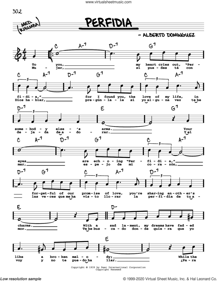 Perfidia (High Voice) sheet music for voice and other instruments (high voice) by The Ventures and Alberto Dominguez, intermediate skill level