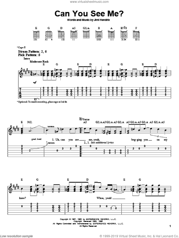 Can You See Me sheet music for guitar solo (easy tablature) by Jimi Hendrix, easy guitar (easy tablature)
