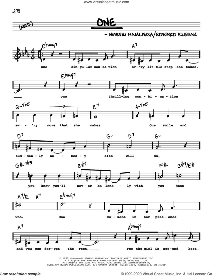 One (High Voice) (from A Chorus Line) sheet music for voice and other instruments (high voice) by Marvin Hamlisch and Edward Kleban, intermediate skill level