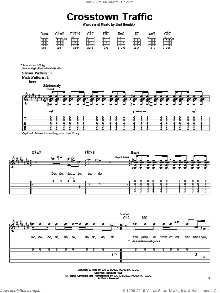 Crosstown Traffic sheet music for guitar solo (easy tablature) by Jimi Hendrix, easy guitar (easy tablature)