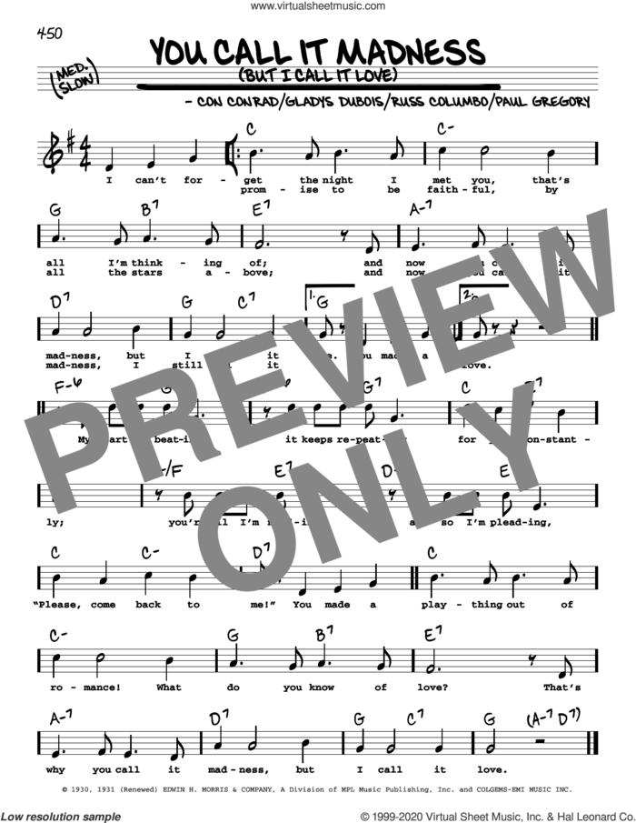 You Call It Madness (But I Call It Love) (High Voice) sheet music for voice and other instruments (high voice) by Con Conrad, Gladys DuBois, Paul Gregory and Russ Columbo, intermediate skill level