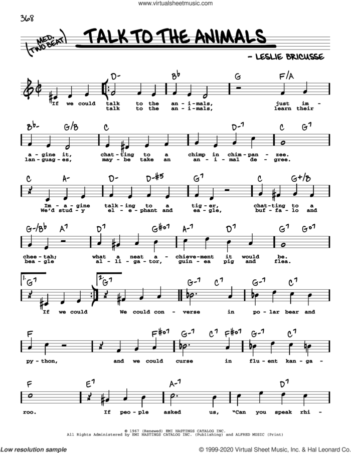 Talk To The Animals (High Voice) sheet music for voice and other instruments (high voice) by Leslie Bricusse, intermediate skill level