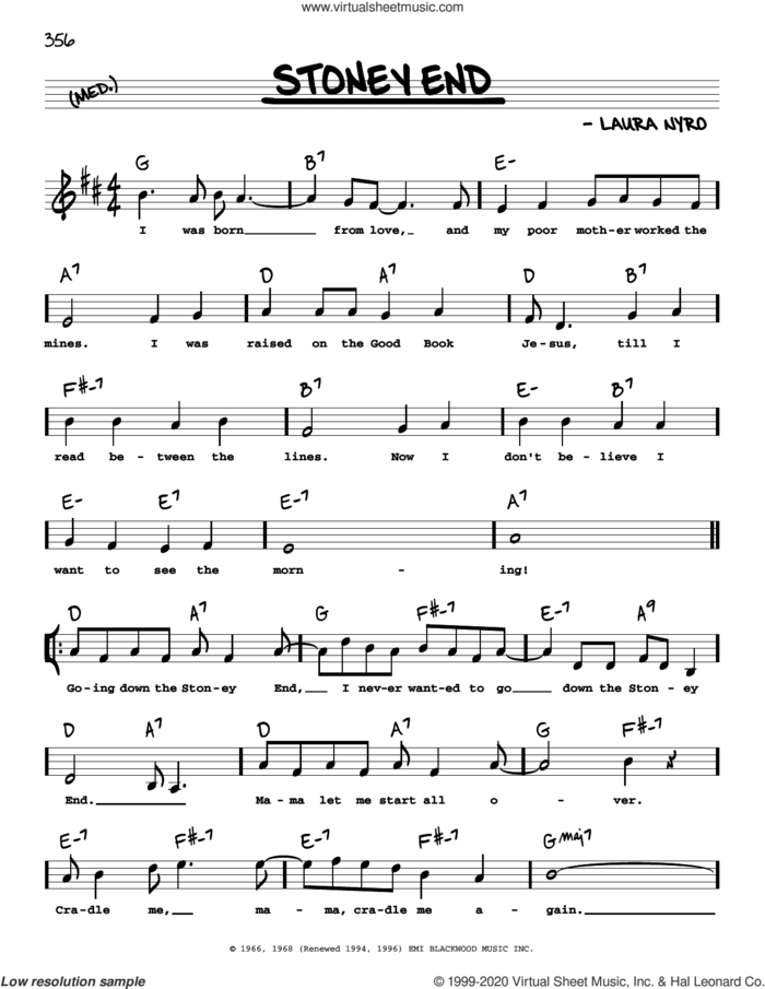 Stoney End (High Voice) sheet music for voice and other instruments (high voice) by Laura Nyro and Barbra Streisand, intermediate skill level