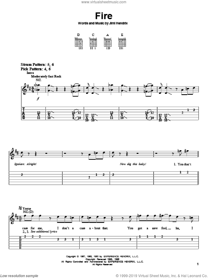 Fire sheet music for guitar solo (easy tablature) by Jimi Hendrix and Red Hot Chili Peppers, easy guitar (easy tablature)