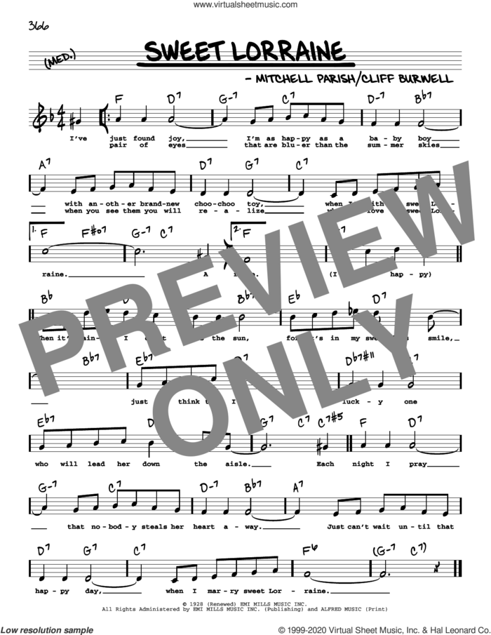 Sweet Lorraine (High Voice) sheet music for voice and other instruments (high voice) by Mitchell Parish and Cliff Burwell, intermediate skill level