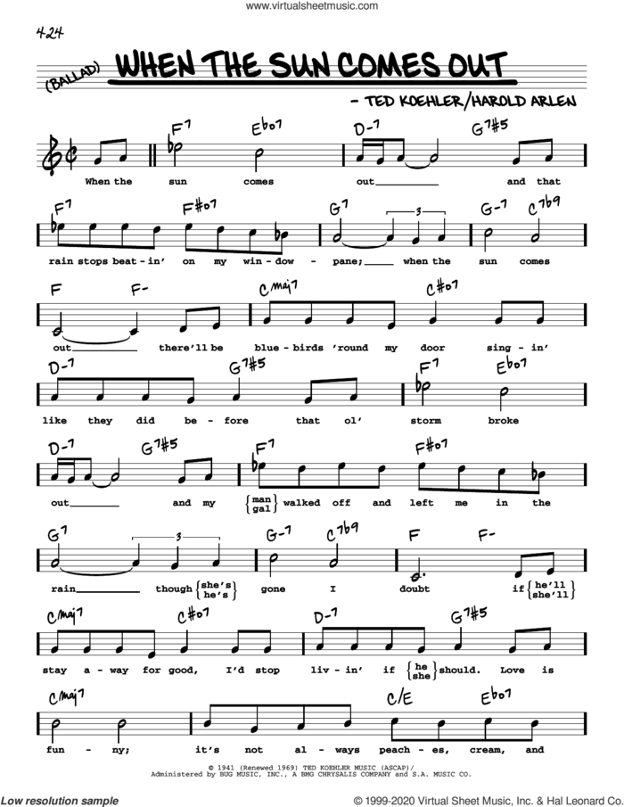 When The Sun Comes Out (High Voice) sheet music for voice and other instruments (high voice) by Harold Arlen and Ted Koehler, intermediate skill level
