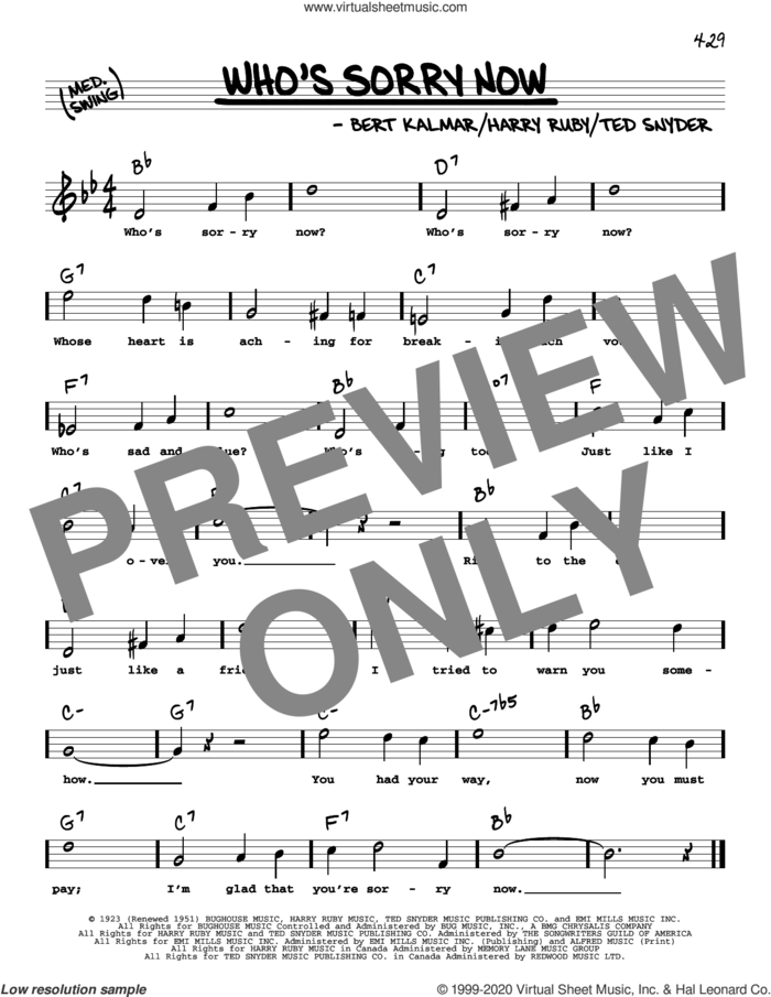 Who's Sorry Now (High Voice) sheet music for voice and other instruments (high voice) by Connie Francis, Bert Kalmar, Harry Ruby and Ted Snyder, intermediate skill level