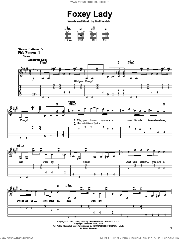 Foxey Lady sheet music for guitar solo (easy tablature) by Jimi Hendrix, easy guitar (easy tablature)