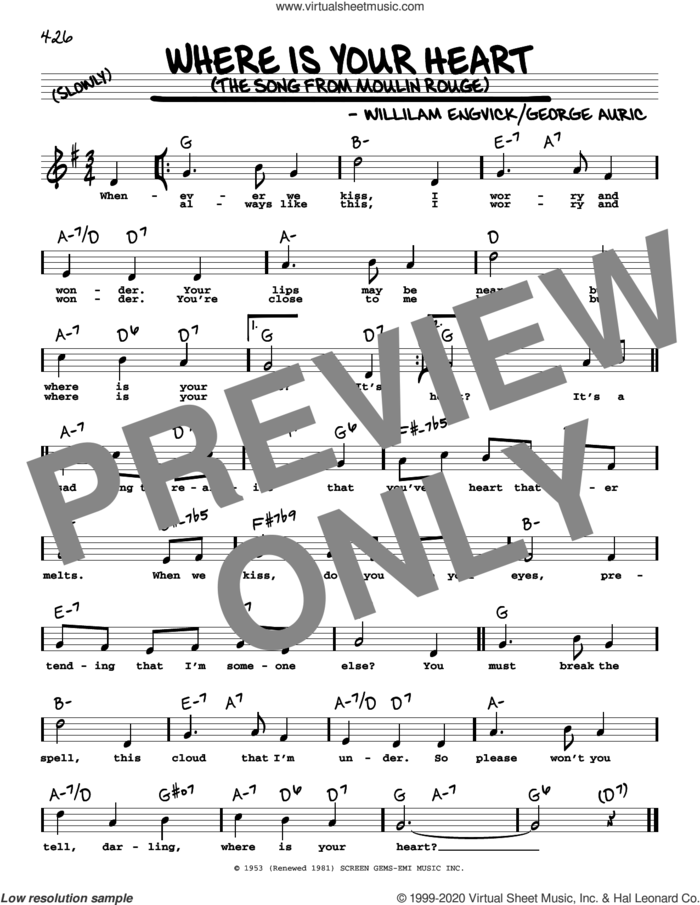Where Is Your Heart (from Moulin Rouge) (High Voice) sheet music for voice and other instruments (high voice) by Percy Faith and His Orchestra, George Auric and William Engvick, intermediate skill level