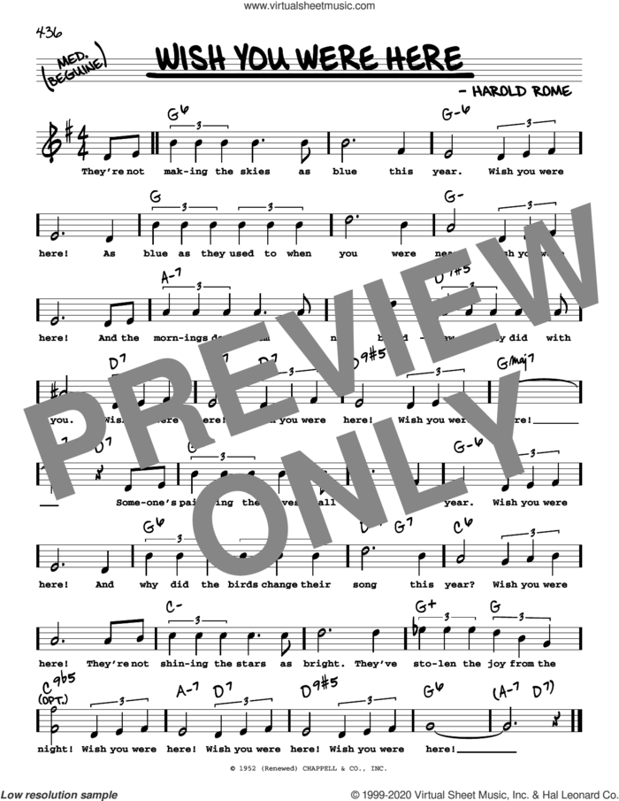 Wish You Were Here (High Voice) sheet music for voice and other instruments (high voice) by Harold Rome, intermediate skill level