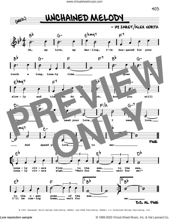 Unchained Melody (High Voice) sheet music for voice and other instruments (high voice) by The Righteous Brothers, Alex North and Hy Zaret, wedding score, intermediate skill level