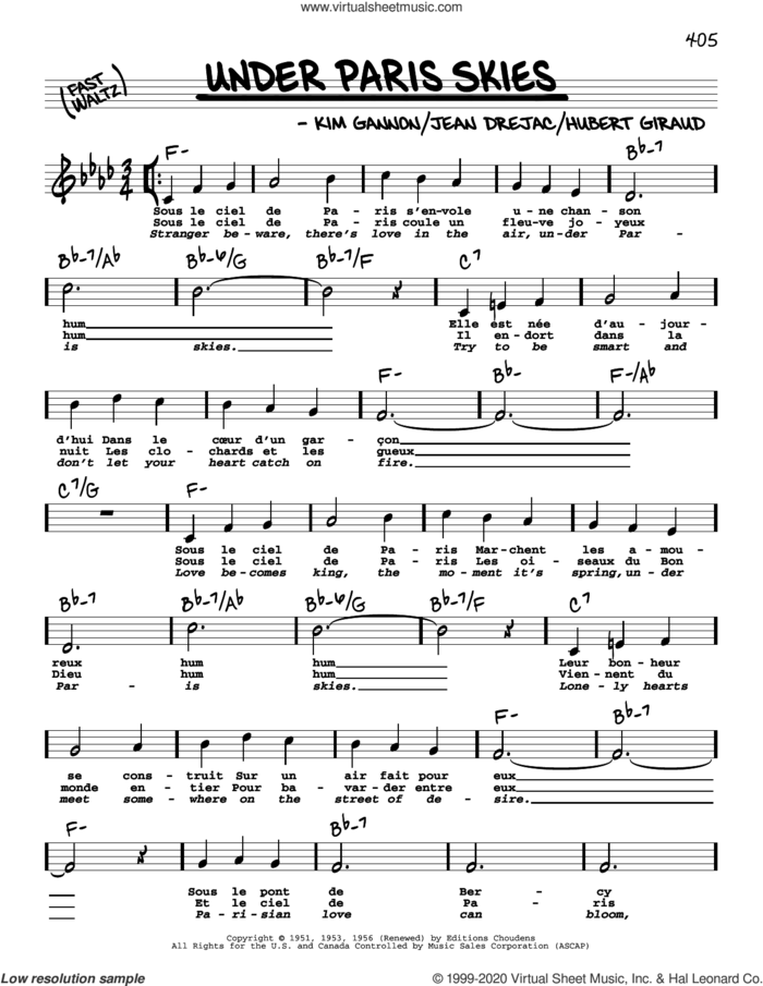 Under Paris Skies (High Voice) sheet music for voice and other instruments (high voice) by Kim Gannon, Hubert Giraud and Jean Drejac, intermediate skill level