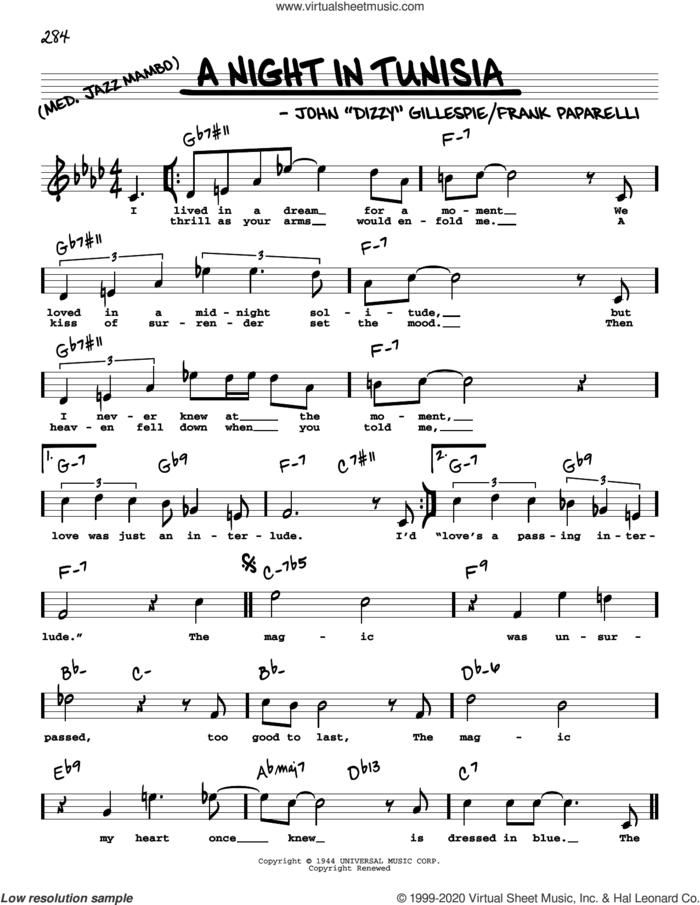A Night In Tunisia (High Voice) sheet music for voice and other instruments (high voice) by Dizzy Gillespie and Frank Paparelli, intermediate skill level