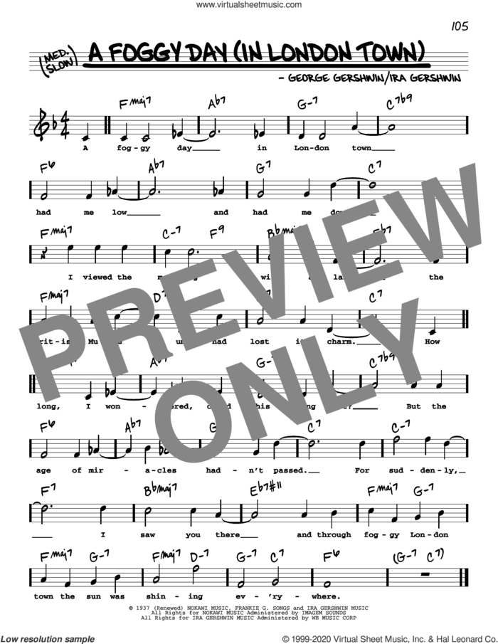 A Foggy Day (In London Town) (High Voice) (from A Damsel In Distress) sheet music for voice and other instruments (real book with lyrics) by George Gershwin, George Gershwin & Ira Gershwin and Ira Gershwin, intermediate skill level