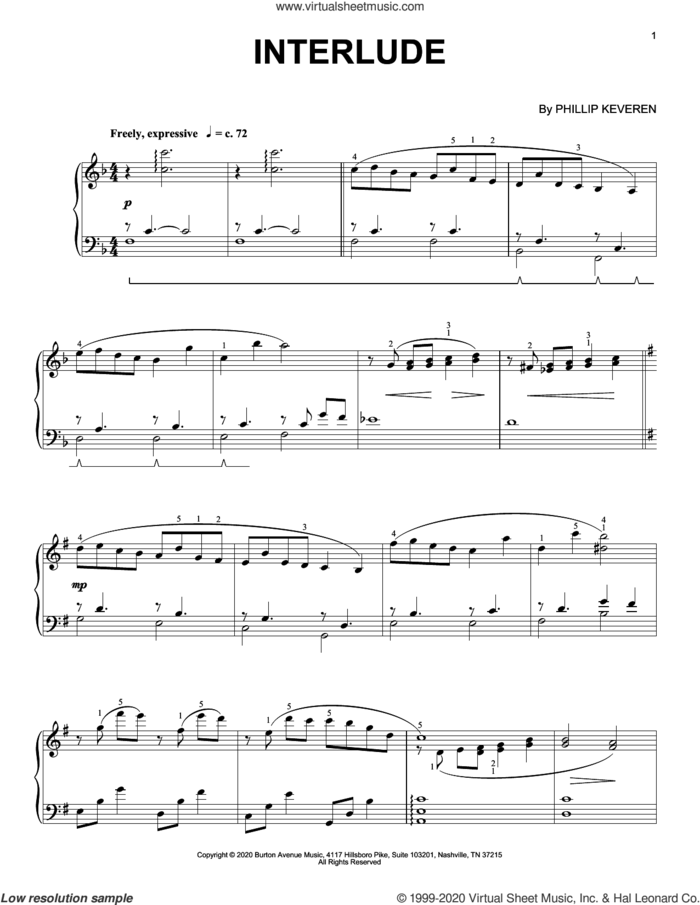Interlude sheet music for piano solo by Phillip Keveren, intermediate skill level