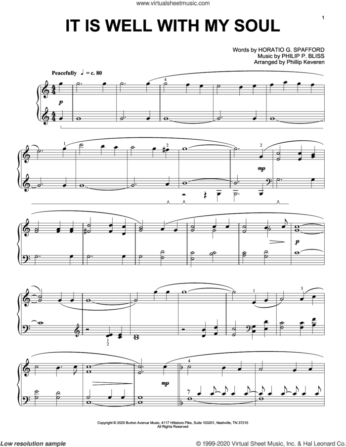 It Is Well With My Soul (arr. Phillip Keveren) sheet music for piano solo by Philip P. Bliss, Phillip Keveren, Horatio G. Spafford and Horatio G. Spafford and Philip P. Bliss, intermediate skill level