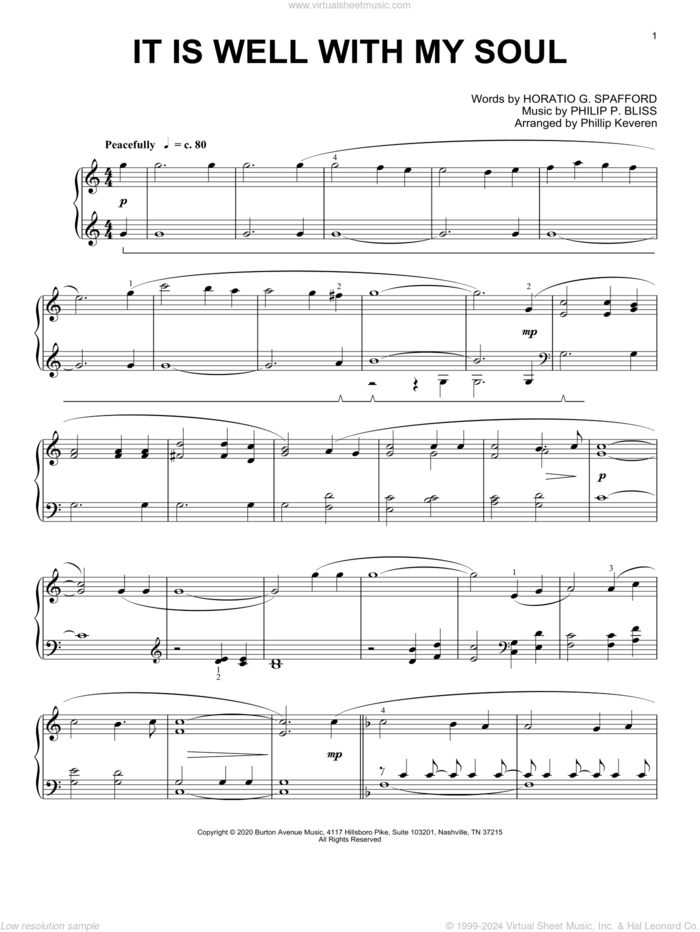 It Is Well With My Soul (arr. Phillip Keveren) sheet music for piano solo by Philip P. Bliss, Phillip Keveren, Horatio G. Spafford and Horatio G. Spafford and Philip P. Bliss, intermediate skill level