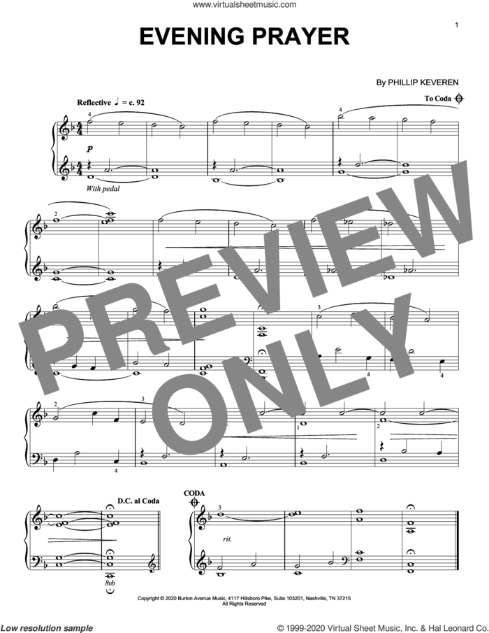 Evening Prayer sheet music for piano solo by Phillip Keveren, intermediate skill level