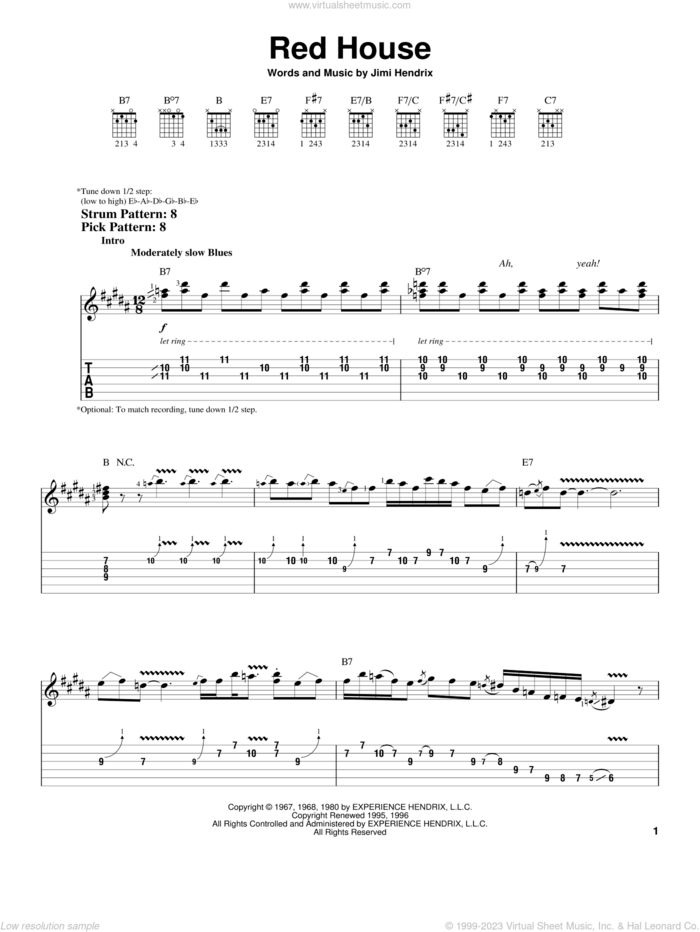 Red House sheet music for guitar solo (easy tablature) by Jimi Hendrix, easy guitar (easy tablature)