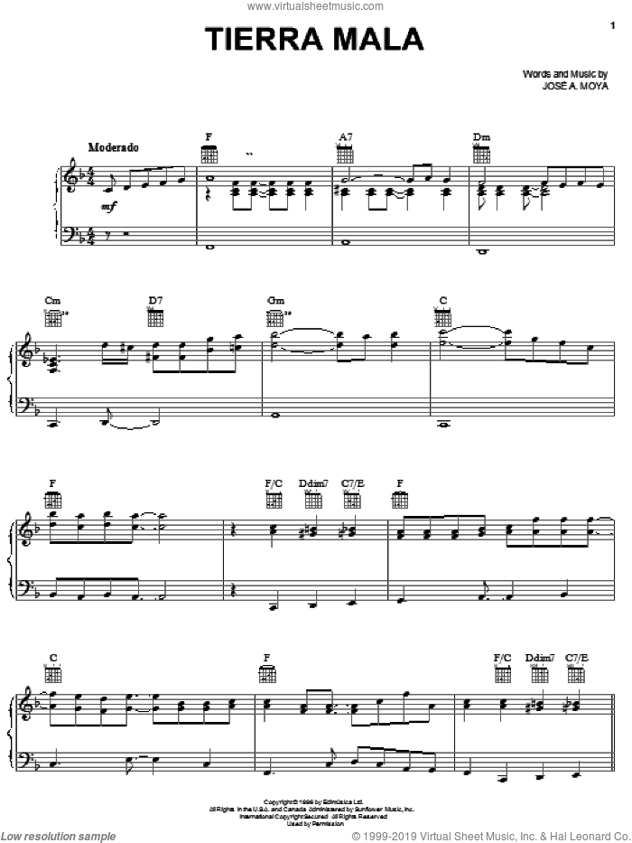 Tierra Mala sheet music for voice, piano or guitar by José A. Moya, intermediate skill level