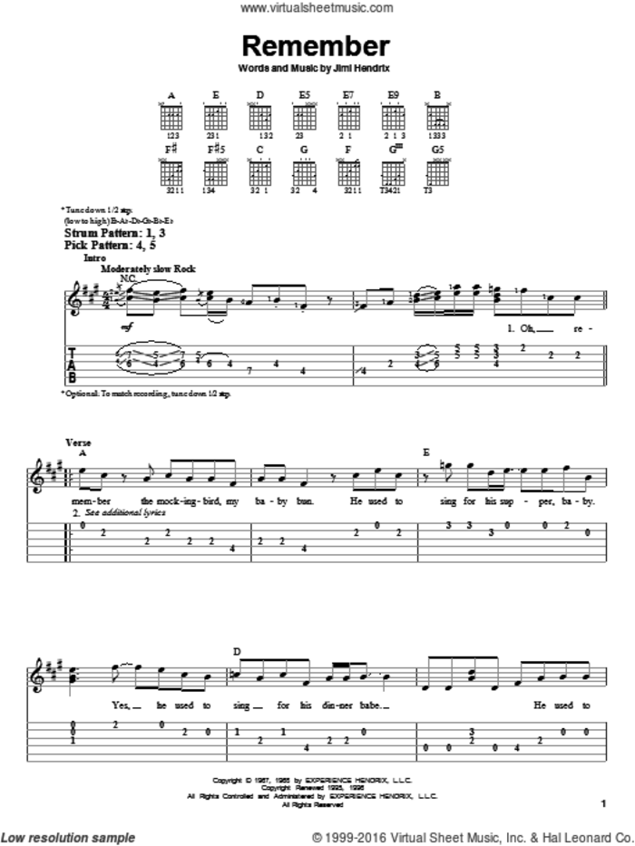 Remember sheet music for guitar solo (easy tablature) by Jimi Hendrix, easy guitar (easy tablature)