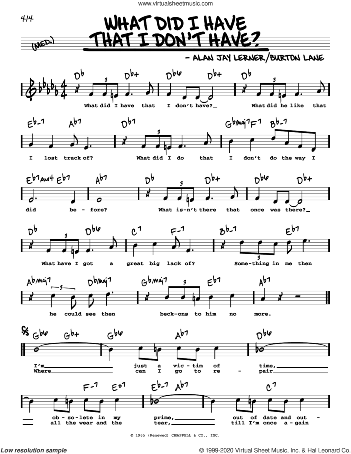 What Did I Have That I Don't Have? (High Voice) (from On A Clear Day You Can See Forever) sheet music for voice and other instruments (high voice) by Alan Jay Lerner, Alan Jay Lerner & Burton Lane and Burton Lane, intermediate skill level