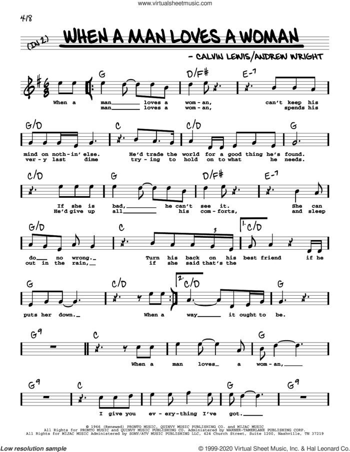 When A Man Loves A Woman (High Voice) sheet music for voice and other instruments (high voice) by Percy Sledge, Andrew Wright and Calvin Lewis, intermediate skill level