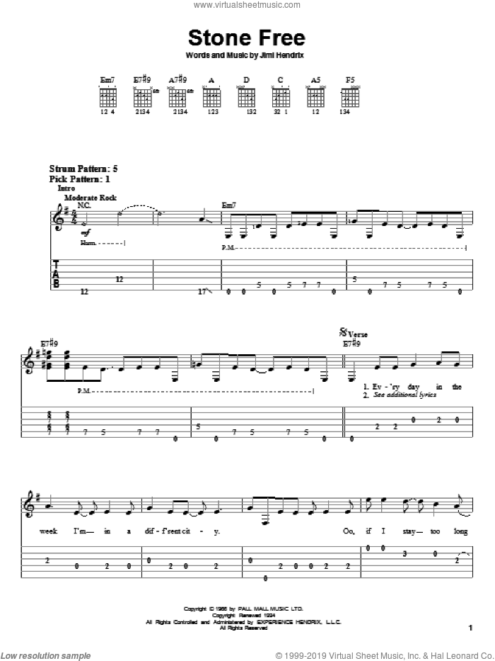Stone Free sheet music for guitar solo (easy tablature) by Jimi Hendrix, easy guitar (easy tablature)