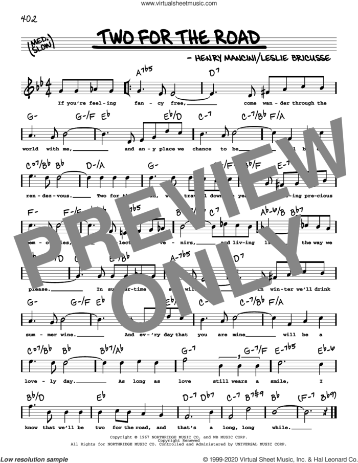 Two For The Road (High Voice) sheet music for voice and other instruments (high voice) by Henry Mancini and Leslie Bricusse, intermediate skill level