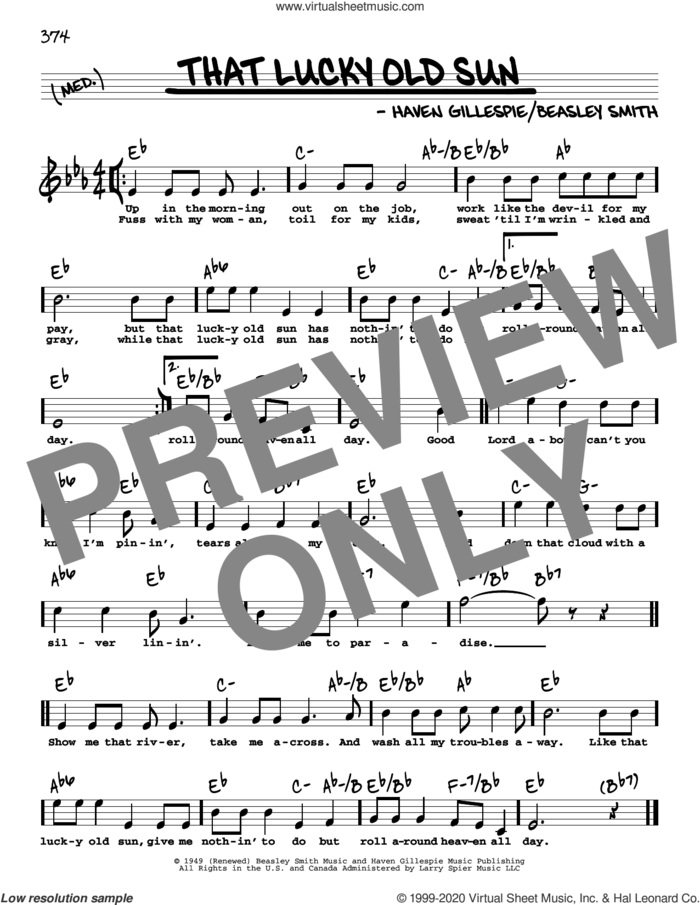 That Lucky Old Sun (High Voice) sheet music for voice and other instruments (high voice) by Johnny Cash, Beasley Smith and Haven Gillespie, intermediate skill level
