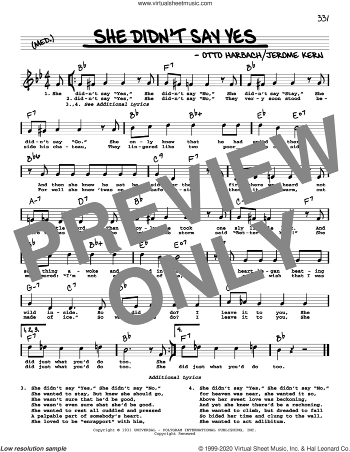 She Didn't Say Yes (High Voice) sheet music for voice and other instruments (high voice) by Jerome Kern and Otto Harbach, intermediate skill level