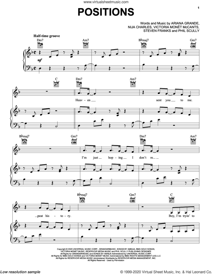 Positions sheet music for voice, piano or guitar by Ariana Grande, Nija Charles, Phil Scully, Steven Franks and Victoria Monet McCants, intermediate skill level